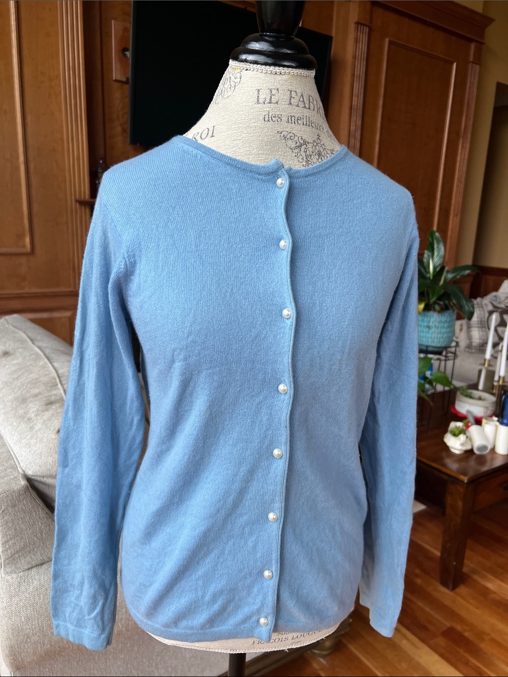 Cashmere Classic Crewneck Button-Front Women's Blue Cardigan Small Lochmere